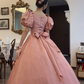 Vintage Pink Puff Sleeve Fitted Waist Princess Flared Skirt Prom & Evening Party Dress gh8498