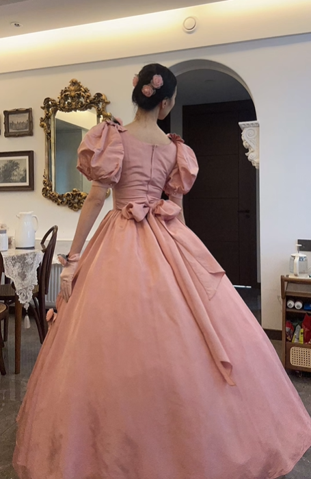 Vintage Pink Puff Sleeve Fitted Waist Princess Flared Skirt Prom & Evening Party Dress gh8498