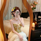 Oil‑Painting Green 2‑Piece Evening Gown, Strapless Printed Corset Top Tiered Ruffle Tulle Skirt Prom Dress gh9141