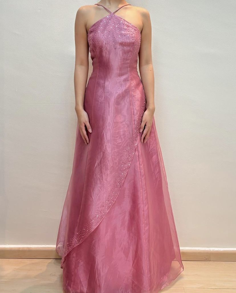 ✨Girlhomeshops-Dusty Pink Halter Beaded Organza A-Line Formal Prom Gown gh10271