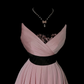Dusty Pink Vintage Strapless Midi Prom Gown, V‑Neck Wrap Bodice, Lace Back Panel, Black Wide Satin Waistband, Pleated Full Midi Skirt, Wide Black Lace Hem Trim, Retro Elegant Party Photoshoot Dress gh8873