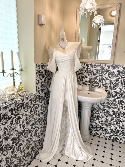 White Off-the-Shoulder Satin Waist-Cinched Slit Sexy Long Romantic Dress, Wedding Gown gh7718
