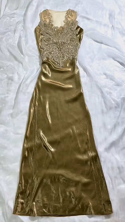 Classical Gold Rhinestone Fitted Waist Slim Long Prom & Evening Party Dress gh8515