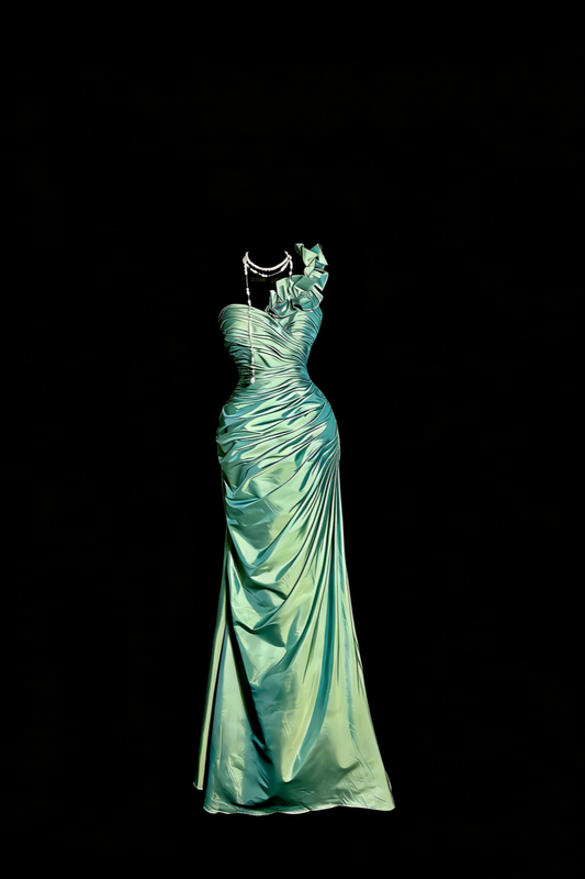 Mint Green One-Shoulder Ruffled Ruched Satin Gown gh7096