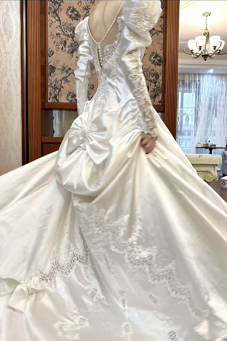 Ivory Vintage Satin Lace Ballgown Wedding Dress, Puff Long Sleeve Bridal Prom Dress gh8732
