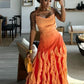 Pink/Orange/Green Gradient Spaghetti Straps Fashion Elegant Long Ruffle Chiffon Ball Gown Evening Dress Party Dress gh3252