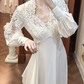 Ivory Vintage Empire Waist Wedding Gown, V‑Neck Lace Trim Neckline, Lace Mixed Puff Long Sleeves, Lace Appliqués Empire Bodice, Flowing A‑Line Long Skirt, Prom & Wedding Dress gh8688