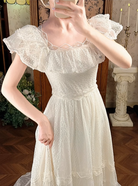 Off‑White Ruffle Neckline Fitted Waist Full Flared Skirt Vintage Lace Elegant Prom Gown, Wedding Dress gh8597