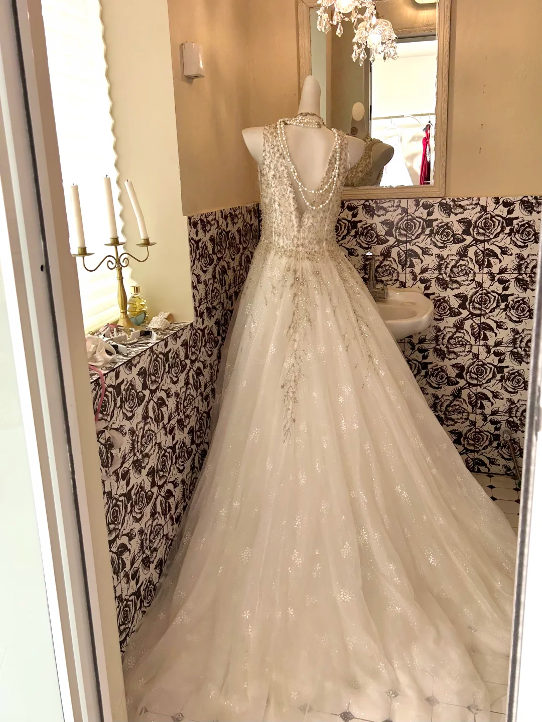 Ivory V-Neck Sexy Silver Beaded Waist-Cinched Luxury Voluminous Skirt Romantic Dress, Wedding Gown gh7618