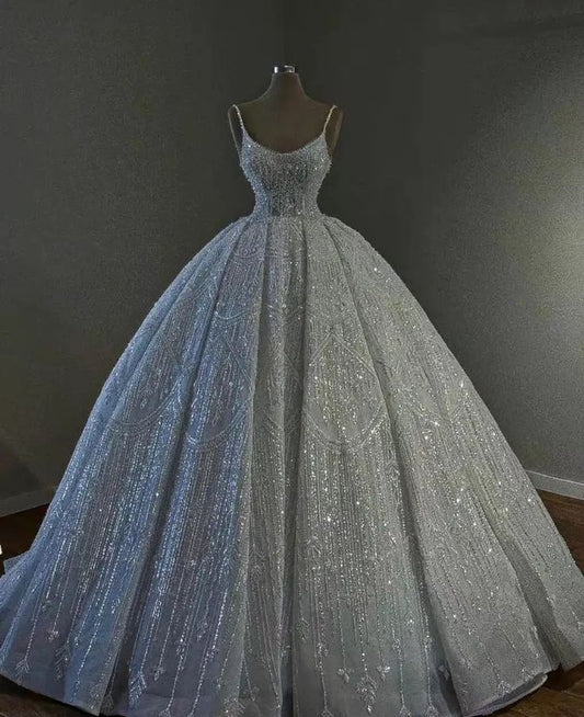 White shiny fashion exquisite beaded long elegant tulle floor-length ball gown evening dress wedding dress gh3350