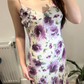 White Base Purple Vintage Print Spaghetti Strap Fitted Waist Slim Sexy Prom Gown, Evening Party Dress gh8449
