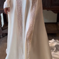 Off‑White Vintage Long‑Sleeve Satin Wedding Gown, V‑Neck Ruched Lace Trim A‑Line Train Bridal Dress gh9062