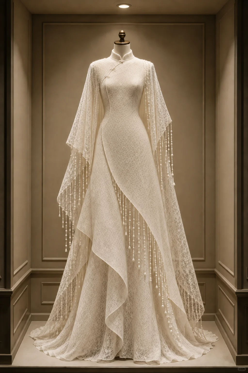 ✨Girlhomeshops-Ivory High Collar Mermaid Qipao Lace Dress Cape Sleeve Pearl Tassel Train gh10326