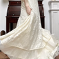 Ivory Vintage Mock‑Neck Bell‑Sleeve Full‑Lace Empire‑Waist Two‑Layer Short Train Wedding Dress gh8783