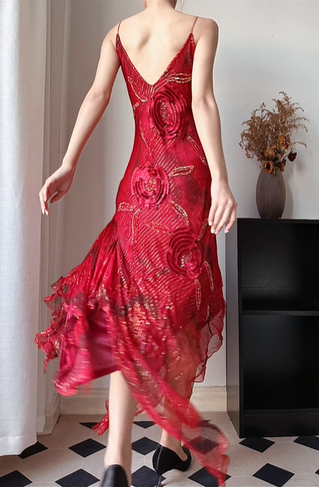 Wine‑Red‑Vintage‑Dress Spaghetti‑Strap 3D‑Rose‑Appliqués Gold‑Beaded‑Embroidery Glitter‑Striped‑Tulle Asymmetrical‑Ruffled‑Slit‑Mermaid‑Hem Matching‑Tassel‑Scarf Midi‑Evening‑Party‑Gown gh8828