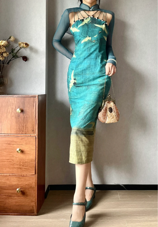 New‑Chinese‑Style‑Improved‑Qipao‑Midi‑Gown Teal‑Crane‑Print Halter‑Beaded‑Straps Stand‑Collar‑Mesh‑Shrug‑Top Fitted‑Slit‑Midi‑Dress Retro‑Oriental‑Party‑Dress gh8858