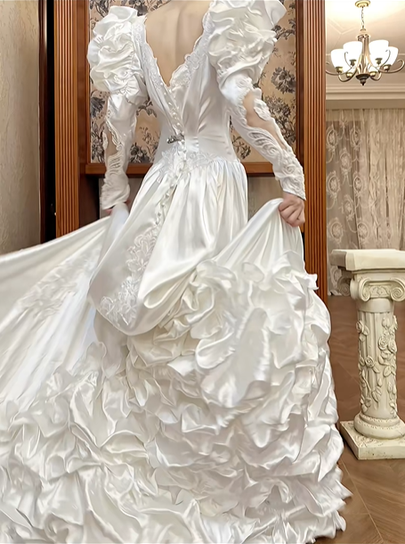 Ivory Vintage Satin Wedding Gown, Illusion Square Neck, Dramatic Puff Shoulder Combined Long Sleeves, Lace Appliqué Fitted Waist, Satin 3D Floral Embroidered Full Skirt, Ruffled Hem, Bridal Prom Dress gh8727