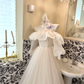 Ivory Spaghetti Straps Ruffled Neckline Waist-Cinched Full Flared Skirt Long Romantic Dress, Wedding Gown gh7757