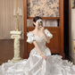 White Vintage Satin Wedding Ball Gown, Sweetheart V‑Neck, Short Puff Sleeves, Gold‑Thread Lace Appliqué Pointed Waist, Voluminous A‑Line Skirt With Satin Ruffle Lace Hem, Prom Dress gh8654