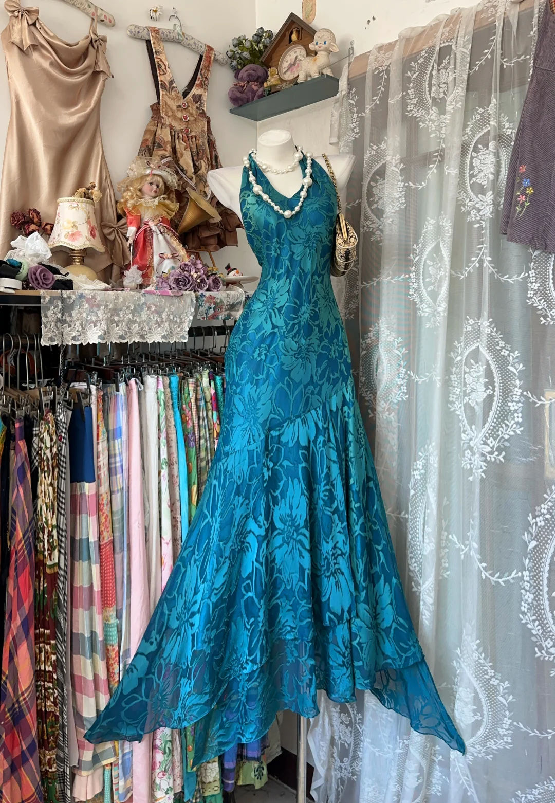 Sexy Long Turquoise Vintage Print Halter Fitted Waist Slim Prom & Evening Party Dress gh8489