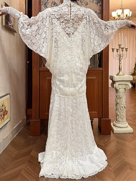 Ivory Vintage Two‑Piece Lace Wedding Gown, High Neck Batwing Sleeve Lace Overlay, Tassel Lace Trim, V‑Neck Lace Slip Mermaid Long Train, Prom Dress gh8645