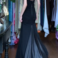 Black Vintage Mermaid Prom Dress Halter Deep V Ruched Front Satin Trim Long Evening Gown gh9604
