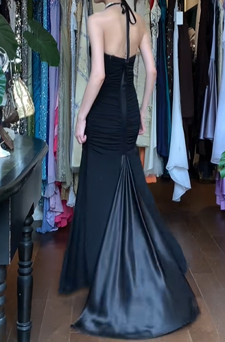 Black Vintage Mermaid Prom Dress Halter Deep V Ruched Front Satin Trim Long Evening Gown gh9604