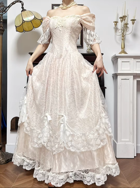 Light Apricot Vintage Off‑Shoulder Lace Ball Gown, Evening Prom Dress With Bows gh8741