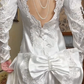 White Vintage Satin Wedding Gown, Lace Petal V‑Stand Collar, Leg‑of‑Mutton Puff Long Sleeves, Boned Bodice With Heavy Lace Appliqués, Flowing Satin Long Train with Scalloped Lace Hem, Prom Dress gh8657