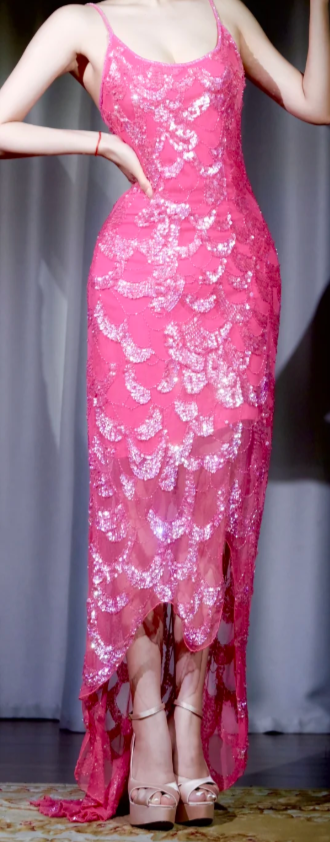 ✨Girlhomeshops-Fuchsia Spaghetti Strap Sequin Prom Dress High Slit Mermaid Evening Gown gh9981