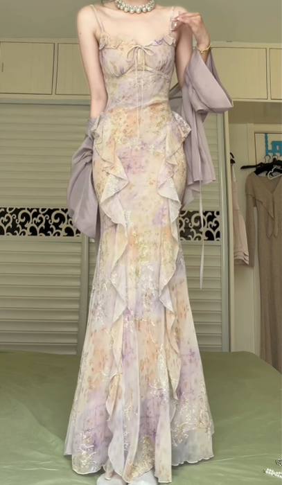 Lavender Mixed‑Tone Floral Sequin Embroidery Spaghetti Strap Mermaid Evening Gown, Ruffle Neck With Matching Sheer Shawl Formal Prom Dress gh9015