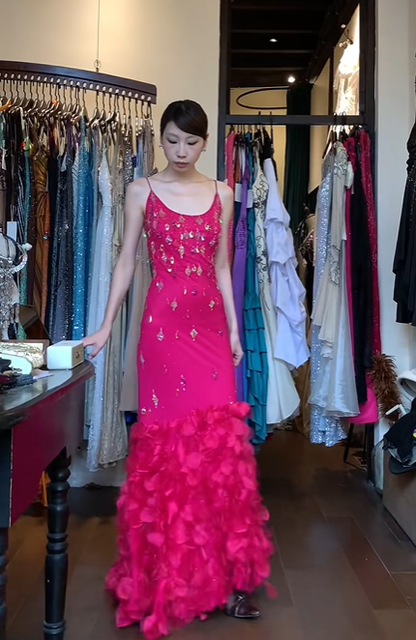 Hot Pink Spaghetti Straps U Neck Mermaid Evening Gown Hand Beaded Sequin 3D Petal Feather Long Prom Dress gh9713