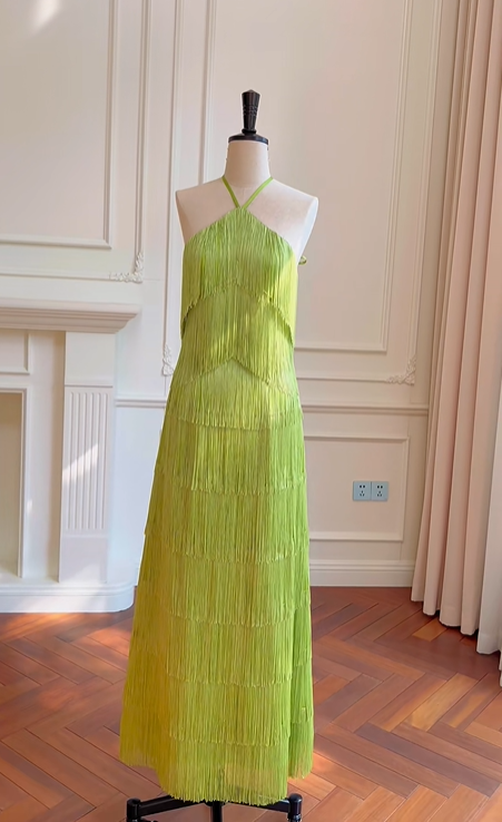 Sage Green Halter Long Evening Gown, V‑Shape Halter Neck, Multi‑Layer Pleated Fringe Tiered Skirt, Triangle Cut Bodice, Flowy Maxi Dress, Prom Party Gown gh8920
