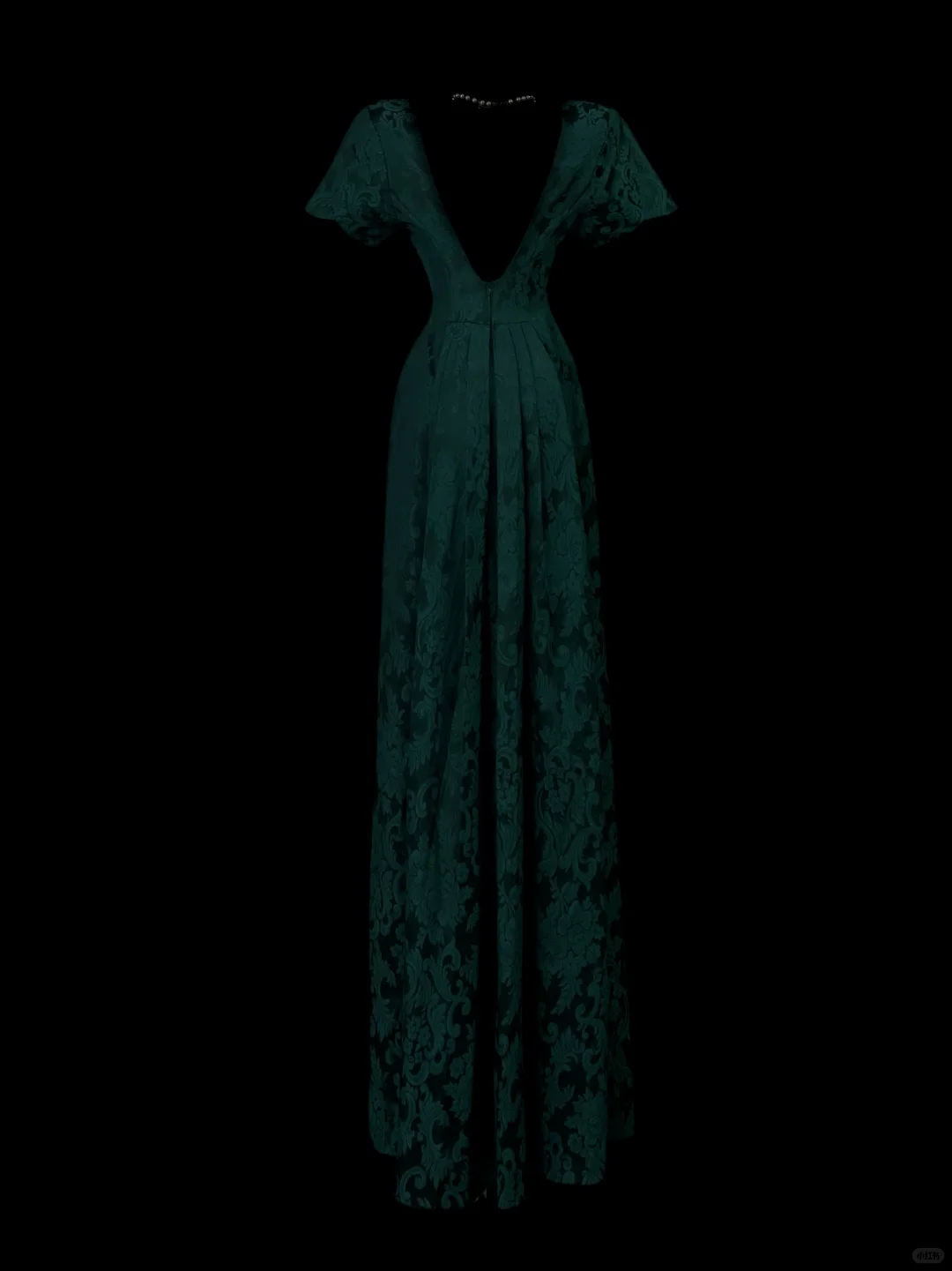 Dark Green Vintage Jacquard Maxi Gown, Square Neck, Cap Short Sleeves, All‑Over Floral Scroll Jacquard Fabric, Fitted Waist Sheath Maxi Silhouette, Retro Noble Evening Prom Photoshoot Dress gh8865