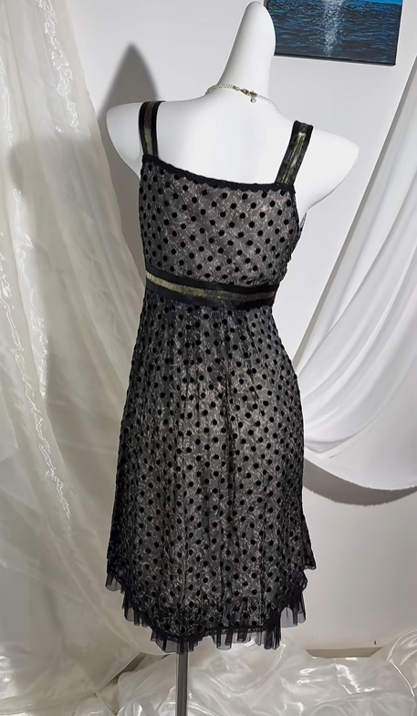Vintage Black Polka Dot Prom & Evening Party Dress, Spaghetti Strap, Square Neck, Fitted Waist Silhouette gh8571