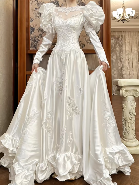 Ivory Vintage Satin Wedding Gown, Illusion Square Neck, Dramatic Puff Shoulder Combined Long Sleeves, Lace Appliqué Fitted Waist, Satin 3D Floral Embroidered Full Skirt, Ruffled Hem, Bridal Prom Dress gh8727