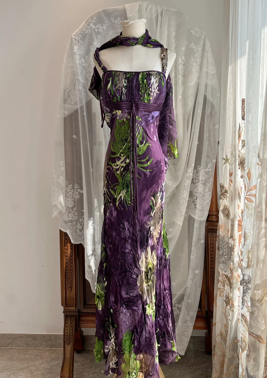 Purple Floral Print Square Neck Chiffon Mermaid Maxi Dress With Matching Shrug gh9323