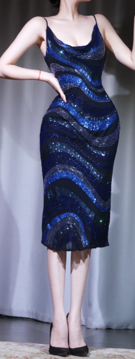 ✨Girlhomeshops-Spaghetti Strap Cowl Neck Wavy Sequin Midi Bodycon Party Dress gh10010