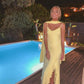 Robe de soirée longue en mousseline de soie à volants et bretelles spaghetti jaune élégante gh3382