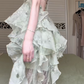 Sage Green Floral Print Spaghetti Strap Long Evening Gown, V‑Neck Bustier Bodice, Multi‑Layer Ruffled Cake Skirt, Sheer Lace High‑Slit Formal Dress gh8939