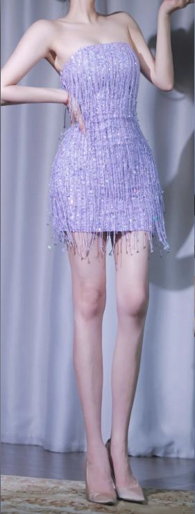 ✨Girlhomeshops-Strapless Lavender Short Prom Gown Sequin Fringe Bodycon Sexy Evening Dress gh10089