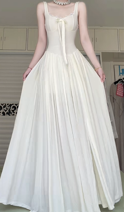 Ivory Square Neck Spaghetti Strap Long Evening Gown, Bow Tie Decor Pleated A‑Line Slit Skirt Formal Prom Dress gh8989