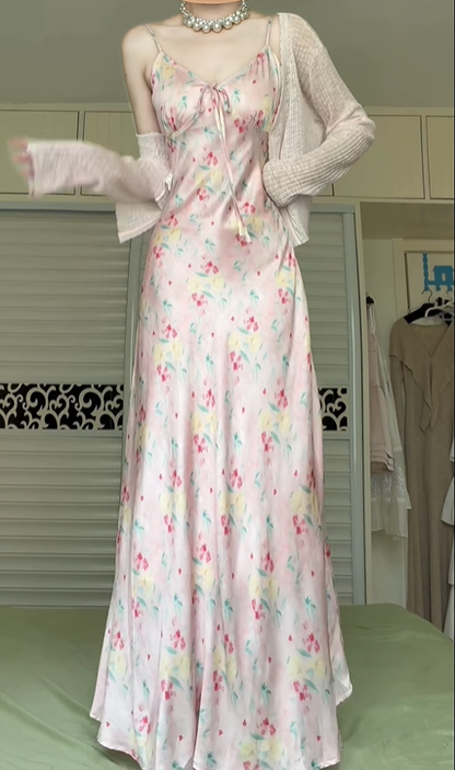 Pink Watercolor Floral Spaghetti Strap Long Evening Gown, V‑Neck Front Tie Bow Flowy A‑Line Formal Prom Dress gh8995
