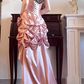 Dusty‑Pink‑Vintage Spaghetti‑Strap‑Sweetheart Black‑Gold‑Sequin‑Bodice Glossy‑Satin Ruched‑Gathered‑Skirt 3D‑Rose High‑Low‑Train Leopard‑Lining Evening Prom Gown gh8818