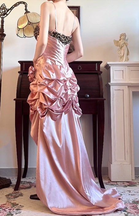 Dusty‑Pink‑Vintage Spaghetti‑Strap‑Sweetheart Black‑Gold‑Sequin‑Bodice Glossy‑Satin Ruched‑Gathered‑Skirt 3D‑Rose High‑Low‑Train Leopard‑Lining Evening Prom Gown gh8818