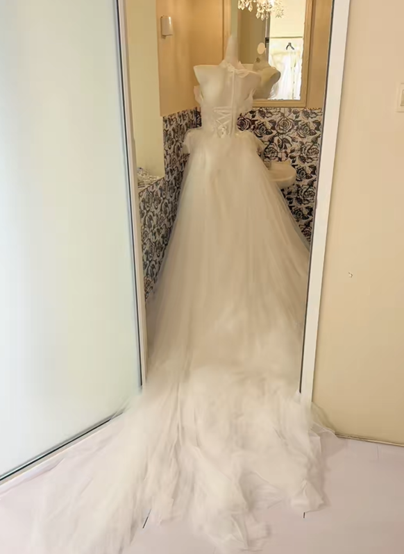 White Strapless Cinched Waist Voluminous Skirt Minimalist Elegant Romantic Dress, Wedding Gown gh7819