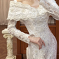 Ivory Vintage Satin Wedding Gown, Cape‑Style Off‑the‑Shoulder Lace Collar, Long Lace Appliqué Sleeves, Fitted Mermaid Silhouette, Lace Trimmed Long Train, Bridal Prom Dress gh8720