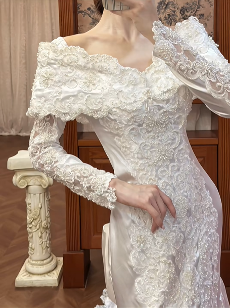 Ivory Vintage Satin Wedding Gown, Cape‑Style Off‑the‑Shoulder Lace Collar, Long Lace Appliqué Sleeves, Fitted Mermaid Silhouette, Lace Trimmed Long Train, Bridal Prom Dress gh8720