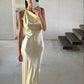 Yellow lapel simple elegant long slim ball gown evening dress wedding guest dress gh3064