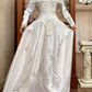 White Vintage Satin Long Train Wedding Prom Dress, Off‑the‑Shoulder Pleated Cape V‑Neck, Lace Embroidered Long Sleeves, Baroque Lace Appliqués gh8716